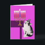 Gato y tarjeta rosados de Menorah Jánuca<br><div class="desc">Si usted conoce a una niña que ame gatos,  esto es una tarjeta perfecta de Jánuca para ella.</div>