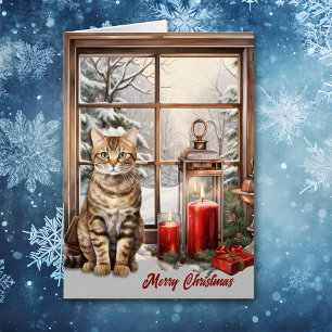 Gato y velas de tabby en Navidades de la ventana d