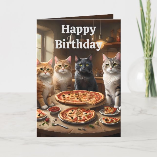 Gatos amantes de la pizza, tarjeta de cumpleaños (Anverso)