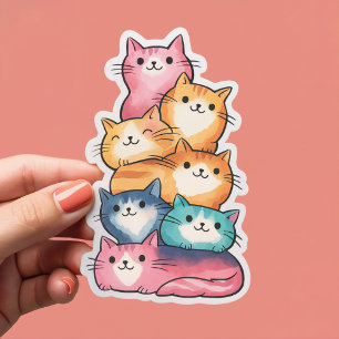 Gatos Apilados Arte Acuarela Pegatina Adorable