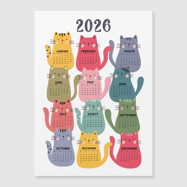 Gatos coloridos del calendario 2026 (Anverso)
