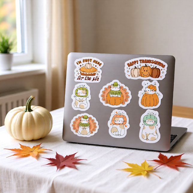 Gatos de Acción de Gracias Kawaii - pegatinas (Cute Kawaii Thanksgiving Cats Pumpkin Pie Autumn Sticker)