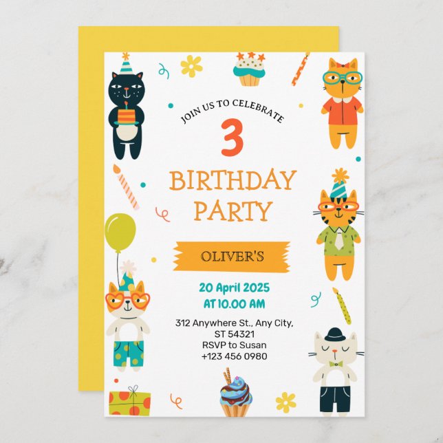 Gatos De Cuta Tres Invitaciones Para Fiesta De Cum (Anverso / Reverso)