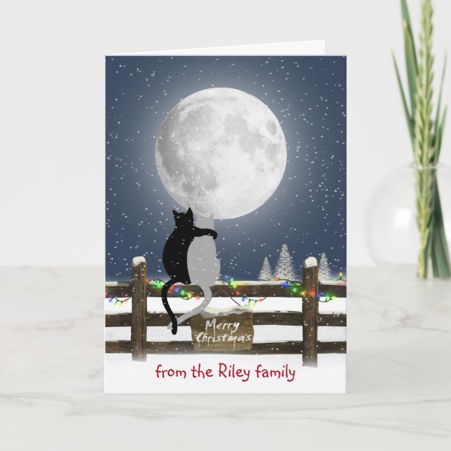 Gatos de Navidad en una cerca con luna  (Anverso)