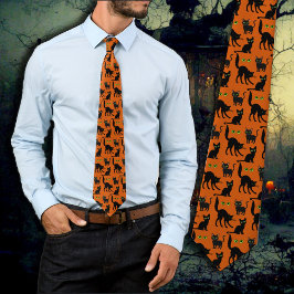 Gatos de ojos verdes de Halloween Corbata naranja