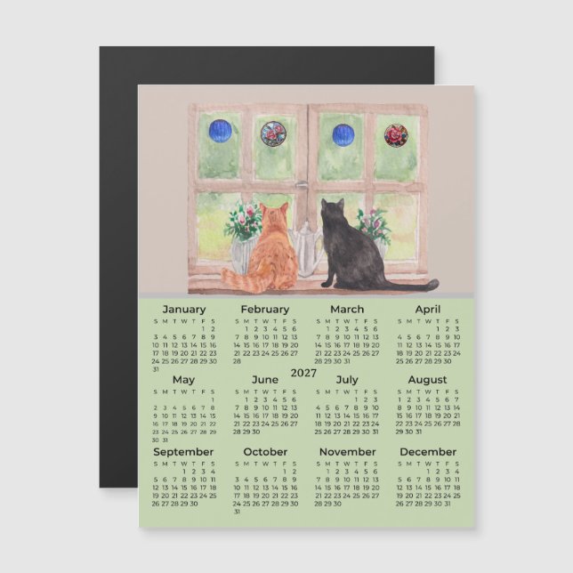 Gatos del calendario 2027 en el imán del calendari (Anverso/Reverso)