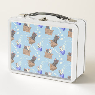 Gatos en caja y gotas de leche en azul