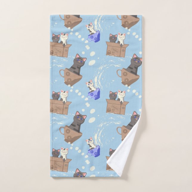 Gatos en caja y gotas de leche en azul (Toalla de mano)