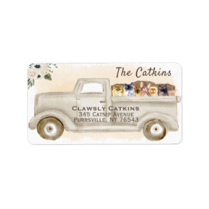 Gatos en camión con cajas, etiqueta de dirección d