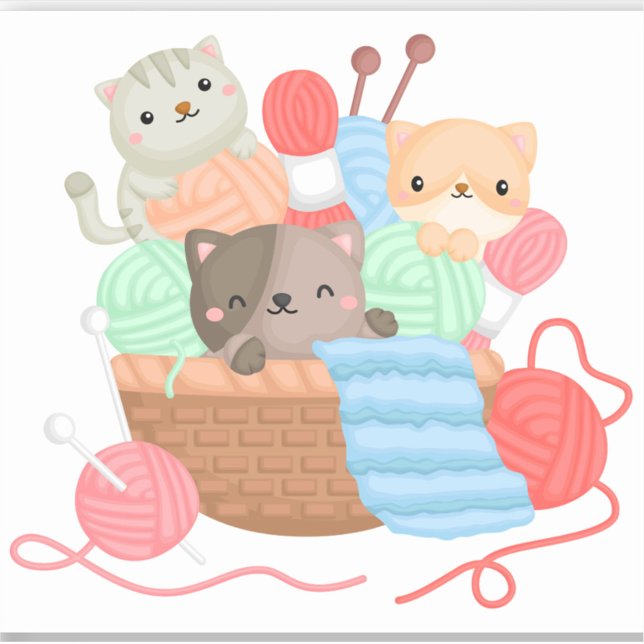 Gatos En El Pegatina De La Cesta (A digital illustration depicts three cartoon cats nestled amongst balls of yarn and knitting needles)