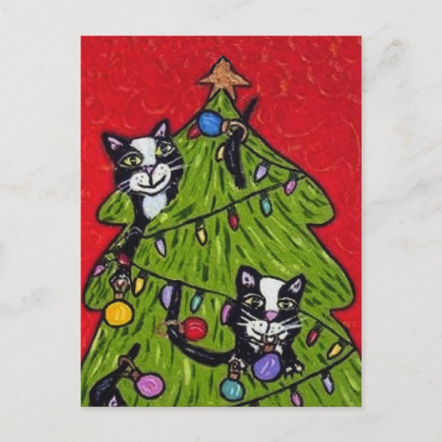 Gatos en la postal del árbol de Navidad (Anverso)