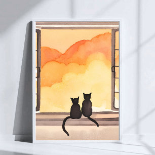 Gatos en la ventana   Arte de silueta de acuarela 