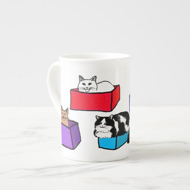 Gatos en taza colorida de la porcelana de hueso de (Izquierda)