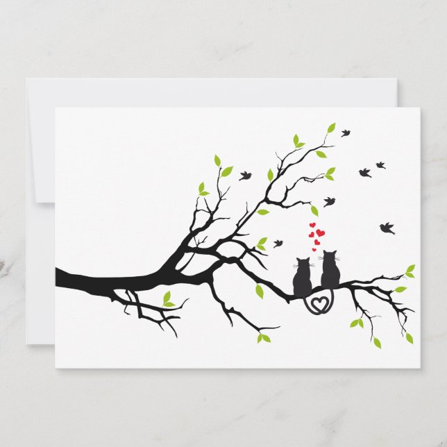 Gatos enamorados en árbol con corazones rojos (Anverso)