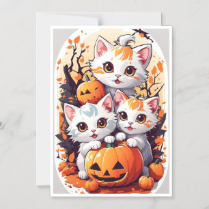 Gatos lindos de Halloween con tarjeta de calabaza