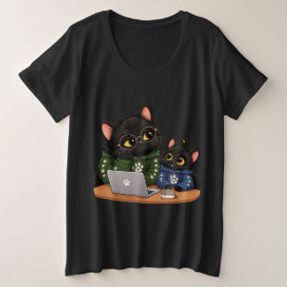 Gatos negros divertidos trabajando en la computado