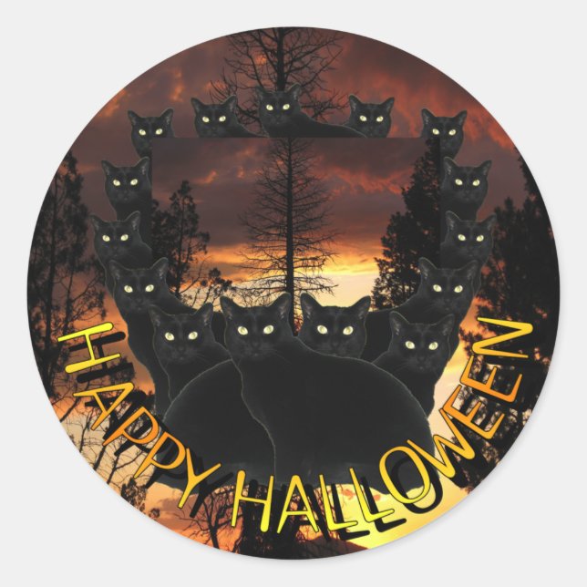 Gatos Negros En Patrulla Pegatinas De Halloween (Anverso)