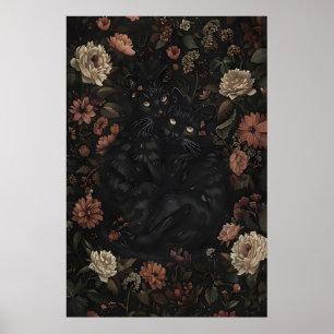 Gatos Negros Florales Arte Impreso Vintage, Dark A