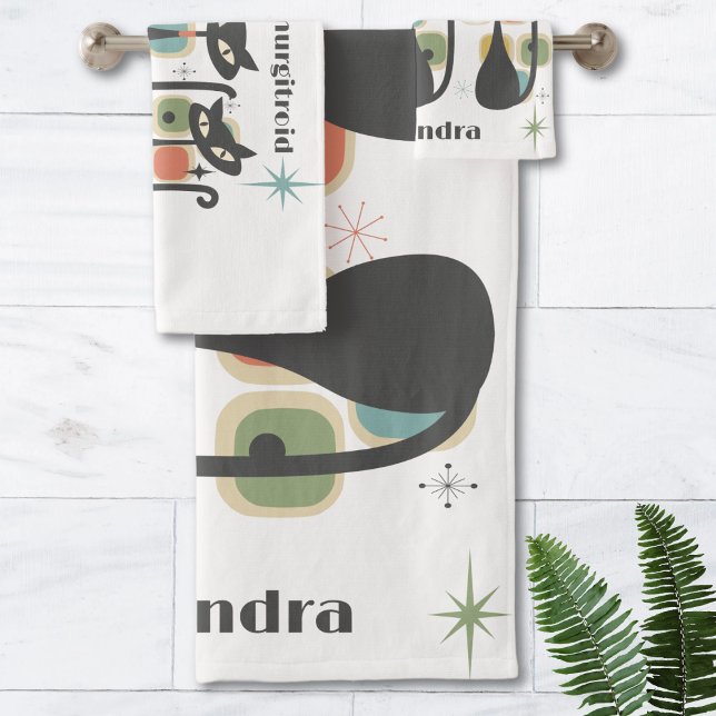 Gatos negros modernos de mediados de siglo (Mid Century Modern Black Cats Bath Towel Set)
