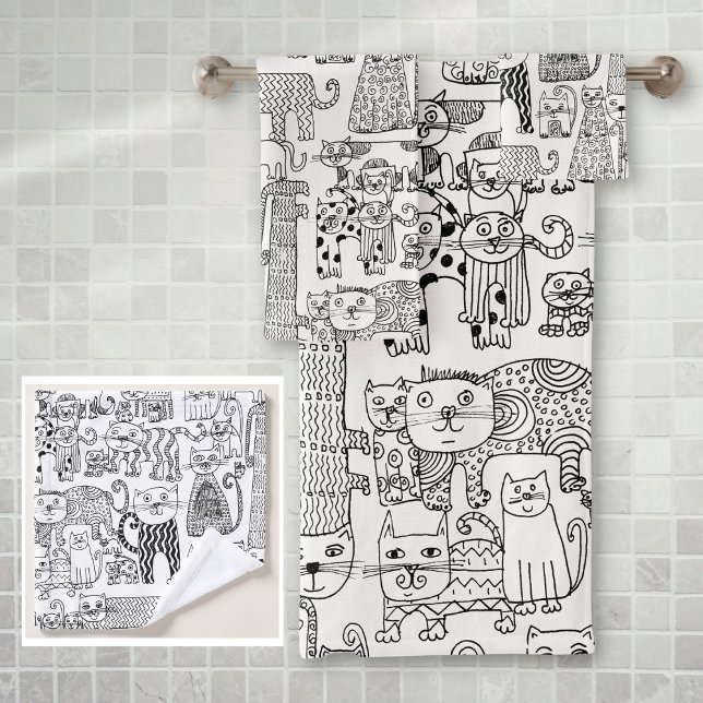 Gatos y Gatitos Modernos en Blanco y Negro con Pat (Modern Black and White Cats And Kittens Patterned Bath Towel Set)