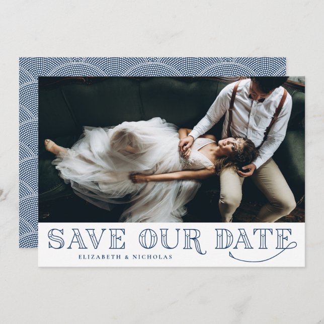 Gatsby Art Deco Typography Blue Save the Date (Anverso / Reverso)