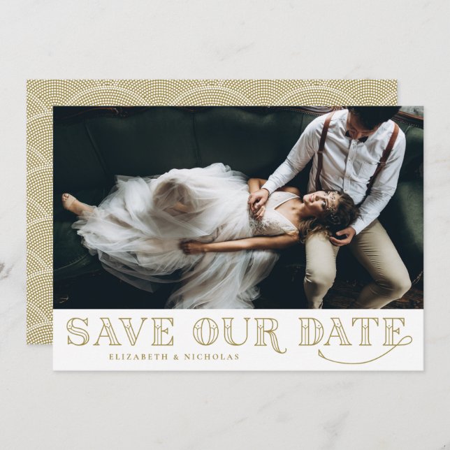 Gatsby Art Deco Typography Gold Save the Date (Anverso / Reverso)