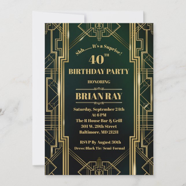 Gatsby Style Suprise Cumpleaños Invitación 5x7 (Anverso)