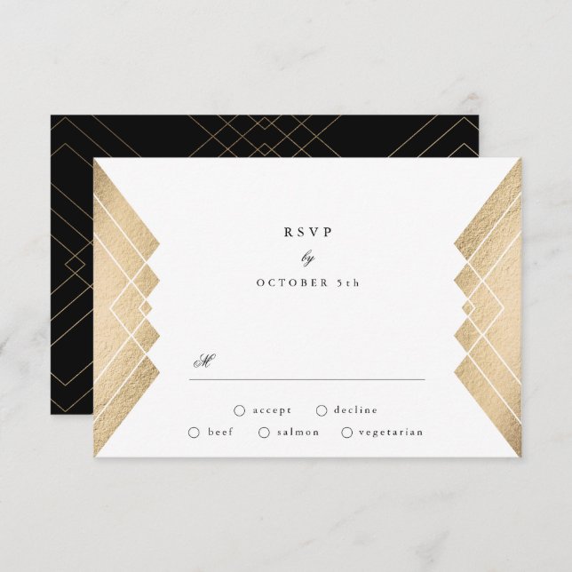 Gatsby Wedding Geométrico Vintage Black Gold RSVP (Anverso / Reverso)