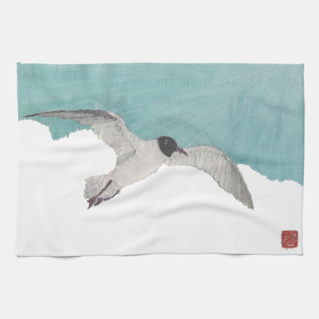 Gaviota, cielo azul, nube, toalla de cocina (Horizontal)