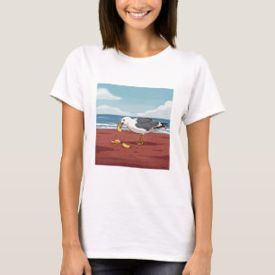 Gaviota comiendo un Chip en la camiseta PEI Beach