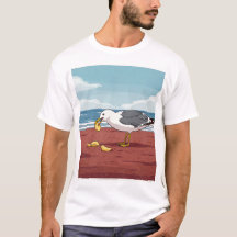 Gaviota comiendo un Chip en la camiseta PEI Beach