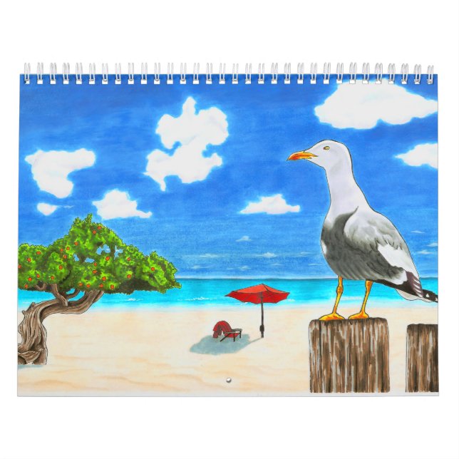 Gaviota en una playa soleada debajo del calendario (Tapa)