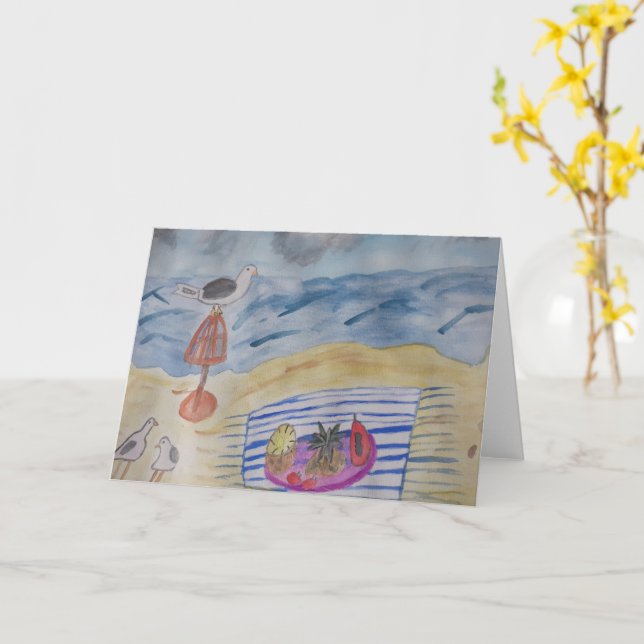 Gaviotas en la tarjeta de felicitación de playa (flor amarilla)