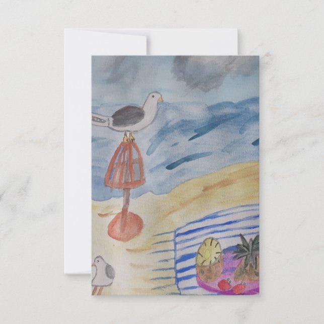 Gaviotas En La Tarjeta De Saludo Plana De La Playa (Anverso)