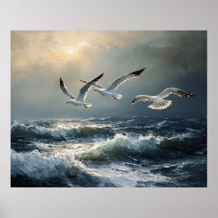 Gaviotas tormentoso océano arte fino