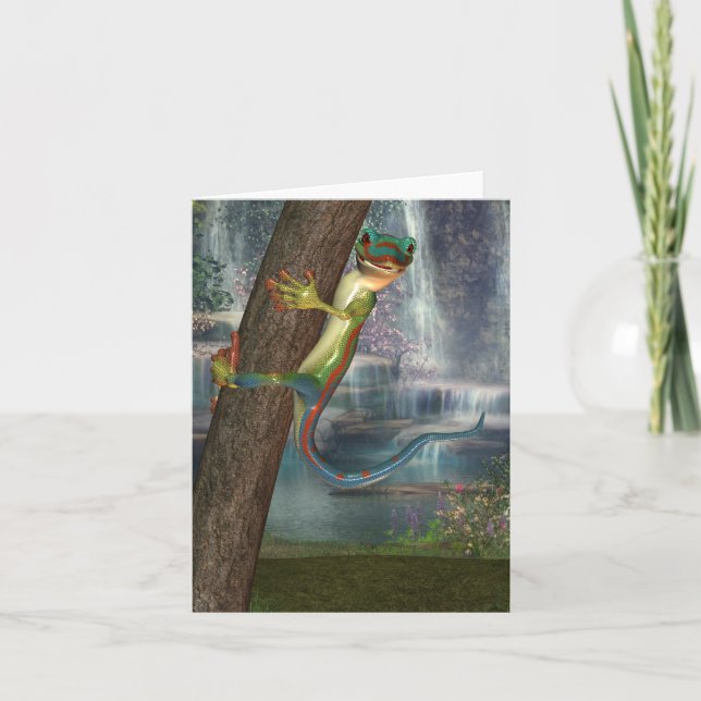 Gecko en una tarjeta de nota del árbol (Anverso)