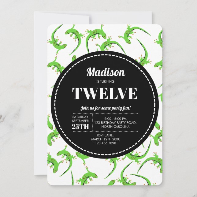 Gecko Lizard Patrón Reptile Invitación de cumpleañ (Anverso)