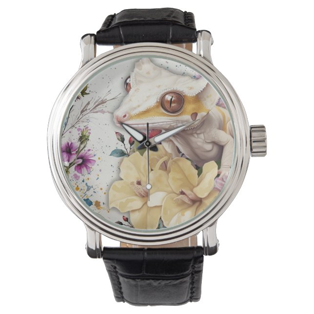 Gecko quieto y reloj floral (Anverso)