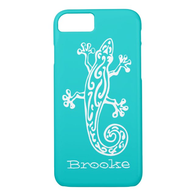 Gecko reptile blanco y aqua nombre iPhone 7 funda (Reverso)