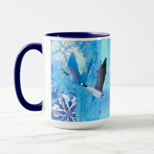 Geese en la taza de copos de nieve azul