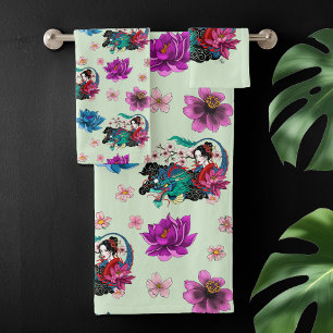 Geisha asiática dragón flor de cerezo azul