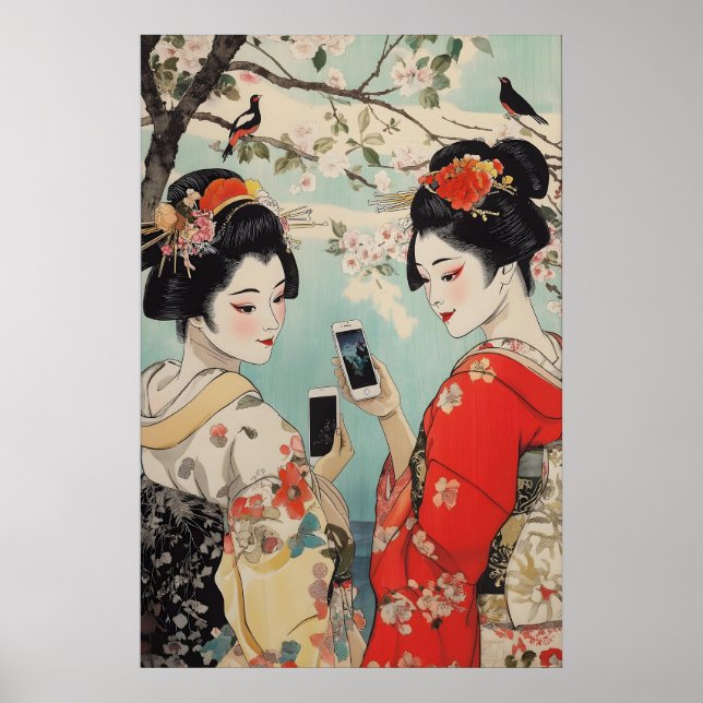 Geisha con teléfonos inteligentes Arte impreso Uki (Frente)