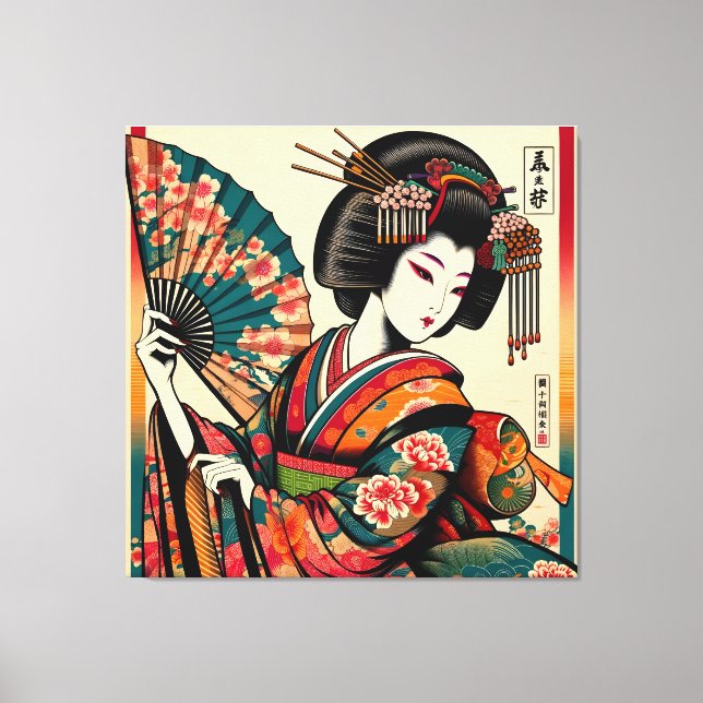 Geisha elegante con ventilador en arte Ukiyo-e (Anverso)