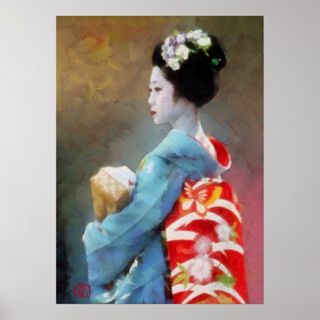 Geisha en arte kimono azul (Frente)