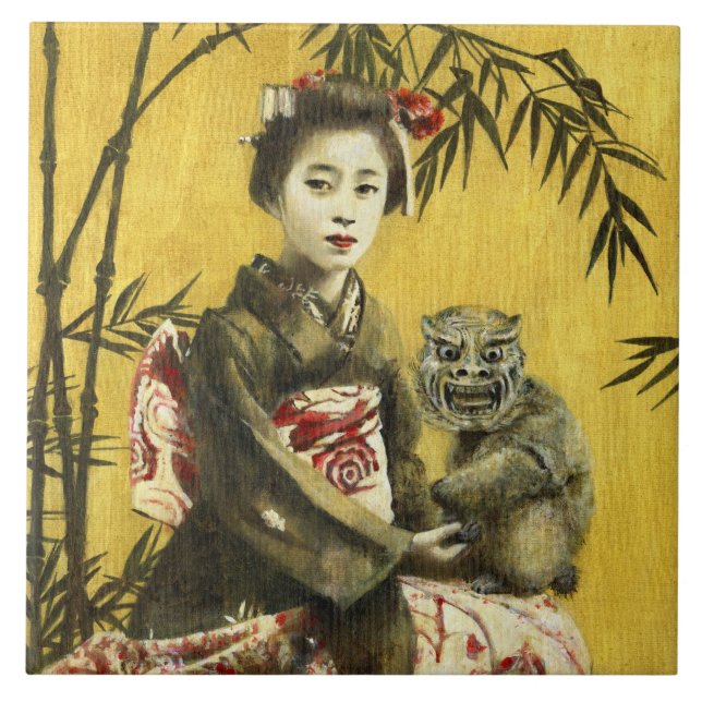 Geisha japonés del vintage y baldosa cerámica del (Frente)