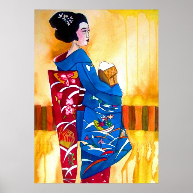 Geisha japonesa con arte original de kimono azul (Frente)