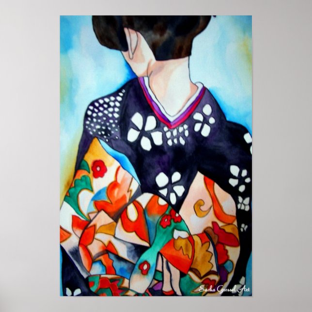 Geisha japonesa con arte original de kimono azul (Frente)