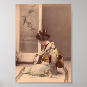 Geisha japonesa vintage tocando la impresión del s
