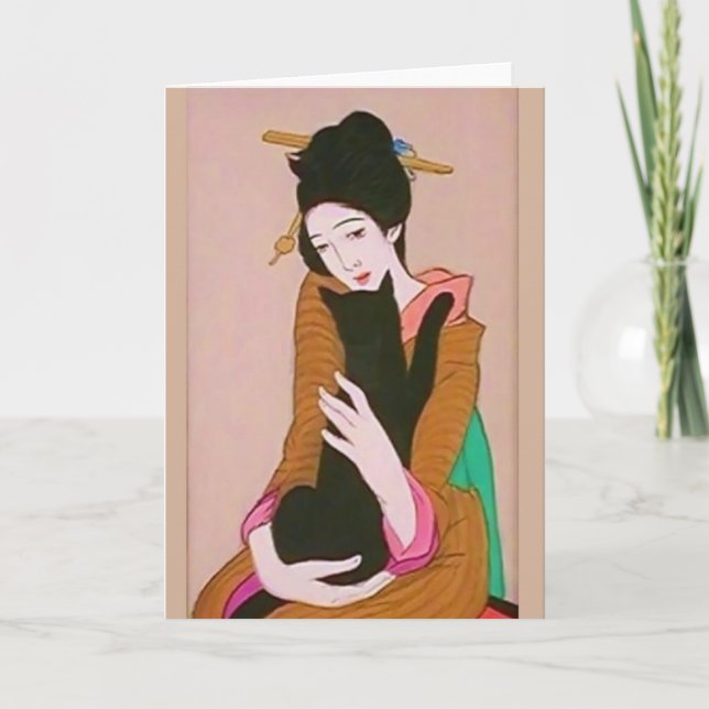 Geisha japonesa y tarjeta de saludo para gato negr (Anverso)