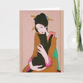 Geisha japonesa y tarjeta de saludo para gato negr